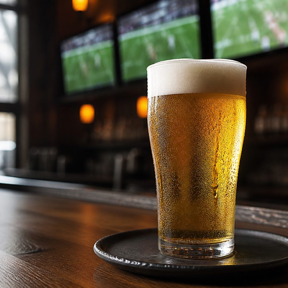 Cold pint with the game on behind it