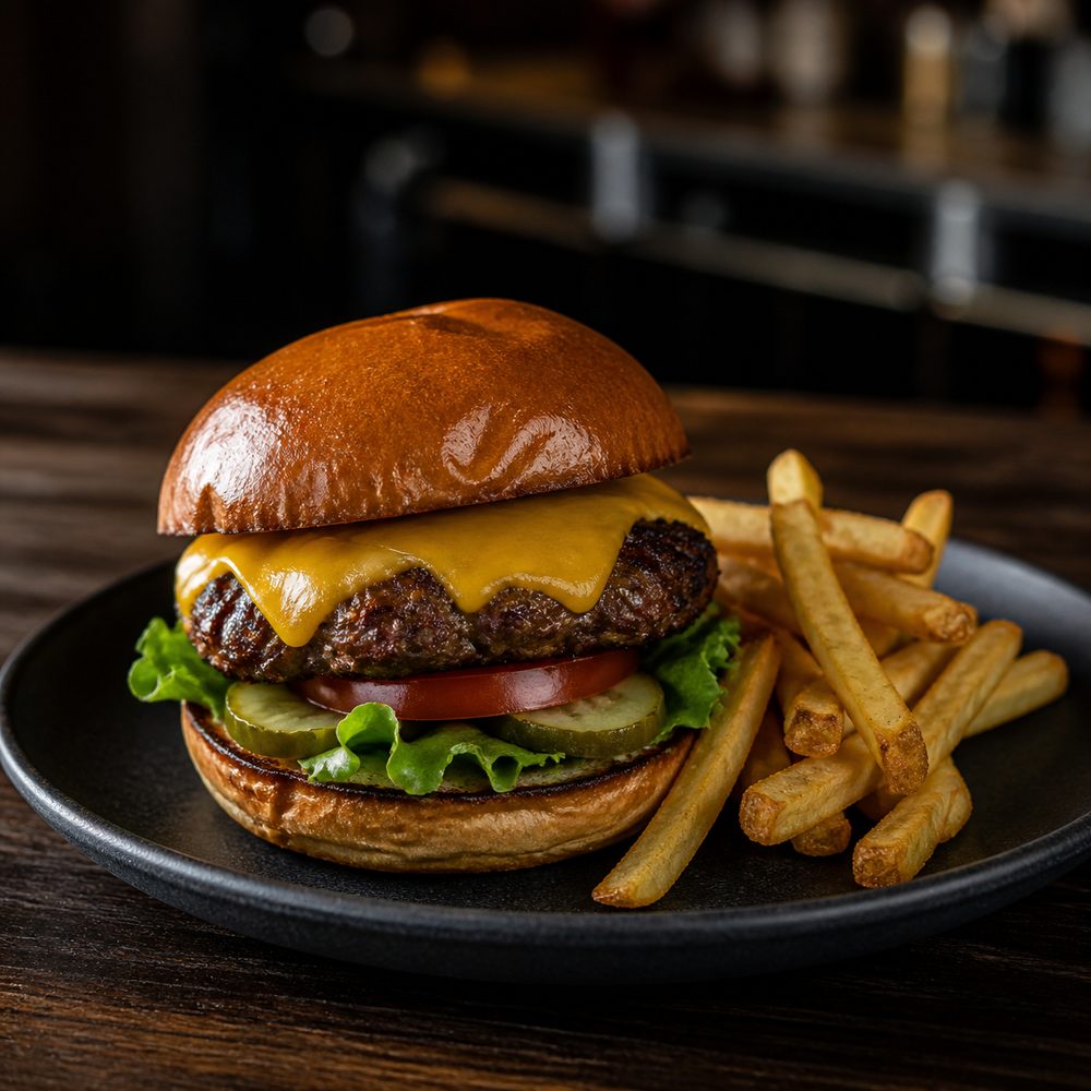 Brisket-blend cheeseburger with fries